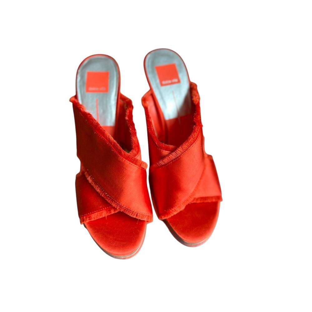 Dolce Vita Red-Orange Satin Fringe Trim Mule, Block Heel, Women's 10